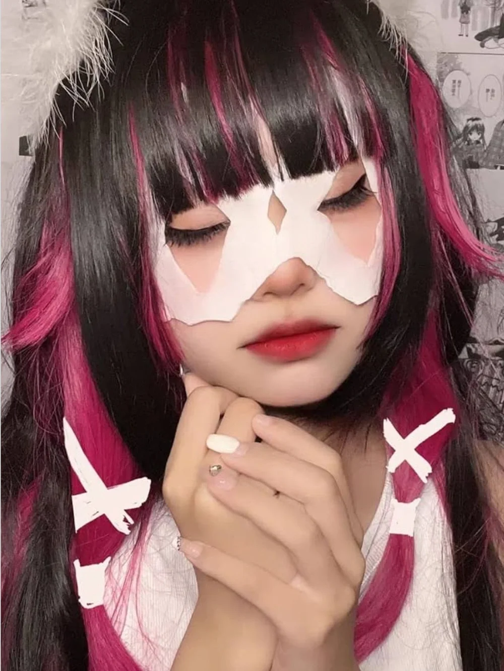 NWT Columbina Black and Magenta Synthetic Anime Cosplay Costume Wig with Bangs